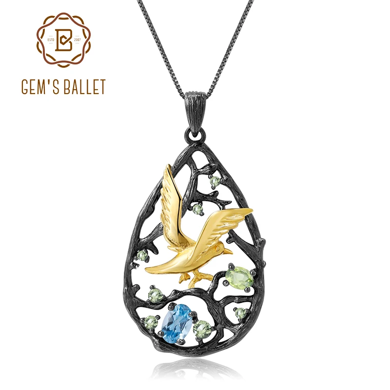 

GEM'S BALLET 925 Sterling Silver Natural Swiss Blue Topaz Handmade Bird on the Tree Pendant Necklace for Women Fine Jewelry