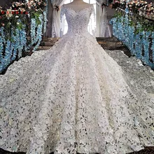 Fluffy Dress Wedding Promotion For Promotional Luxury Crystal Beaded Ivory Wedding Dresses Long Sleeve Lace Fluffy Princess Gown Vestidos De Noiva Bridal Dress Bw05