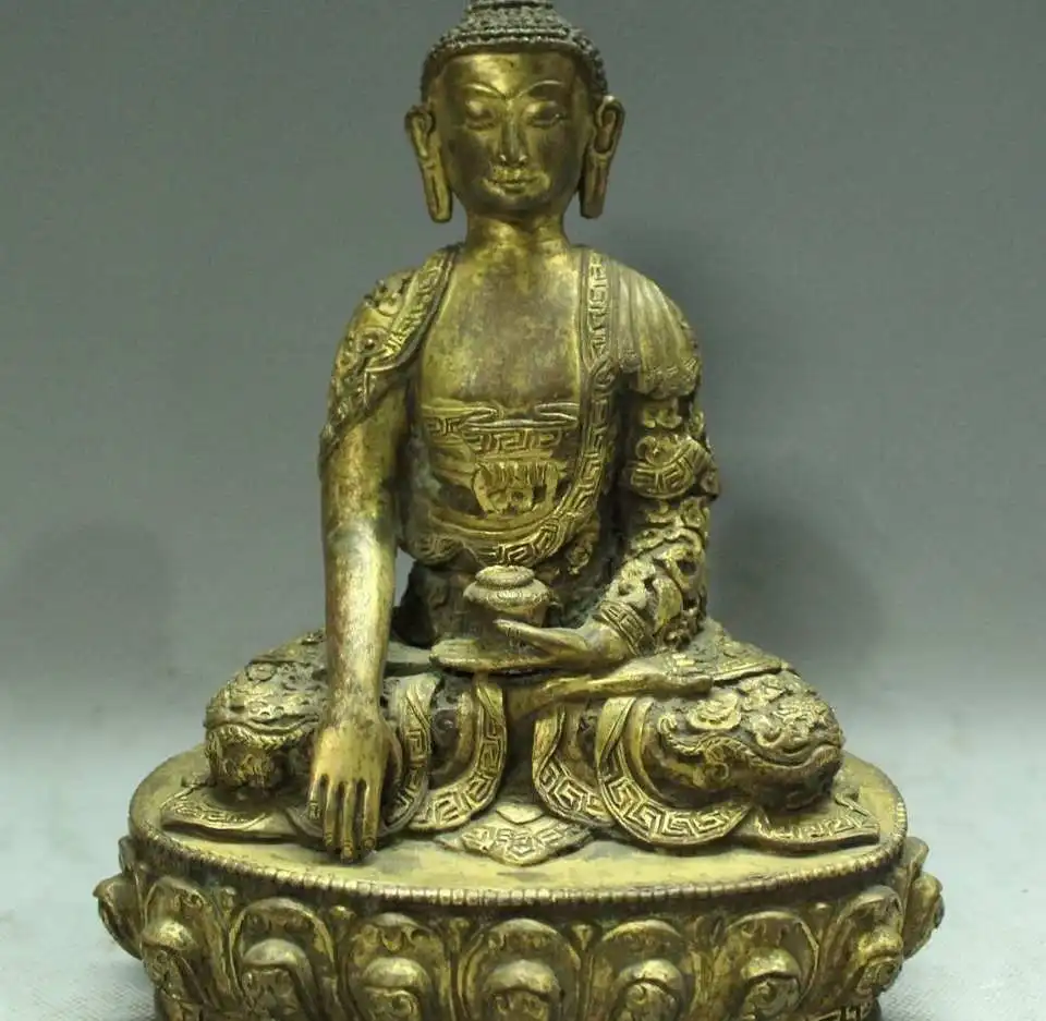 Tibet Bronze 24K Gold Dragon Shakyamuni Amitabha Buddha Sakyamuni Statue |