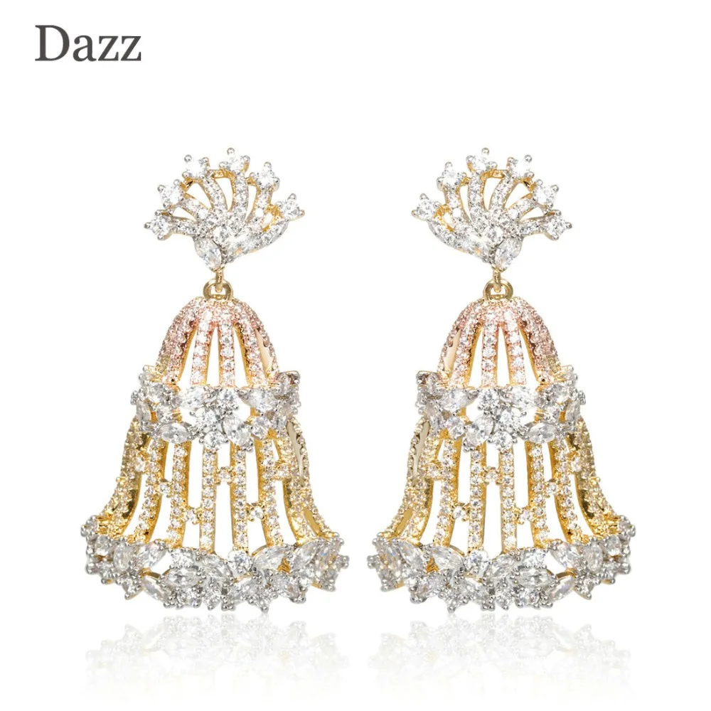 

Dazz Hot Exquisite Shiny Zircon Dangle Earrings Bell Shape Hollow Out Pattern For Women Crystal Jewelry Indian Bride Big Earring