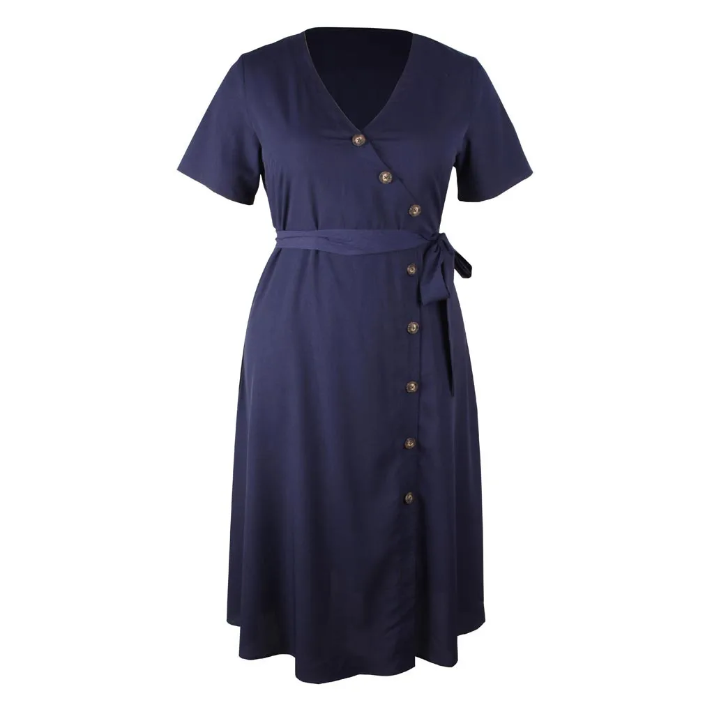 Женское платье размера плюс, летнее женское платье с запахом, однотонное, на пуговицах, с v-образным вырезом, летние платья для девушек, летнее праздничное платье, vestido elbise robe# G6 - Цвет: Тёмно-синий