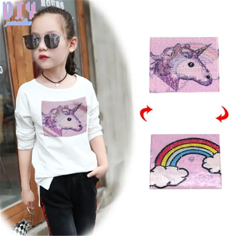 

NEW Rainbow Unicorn Reverse Sequins Sew On Patches for clothes Kids T Shirt Cartoon Change color Embroidered Reversible patch