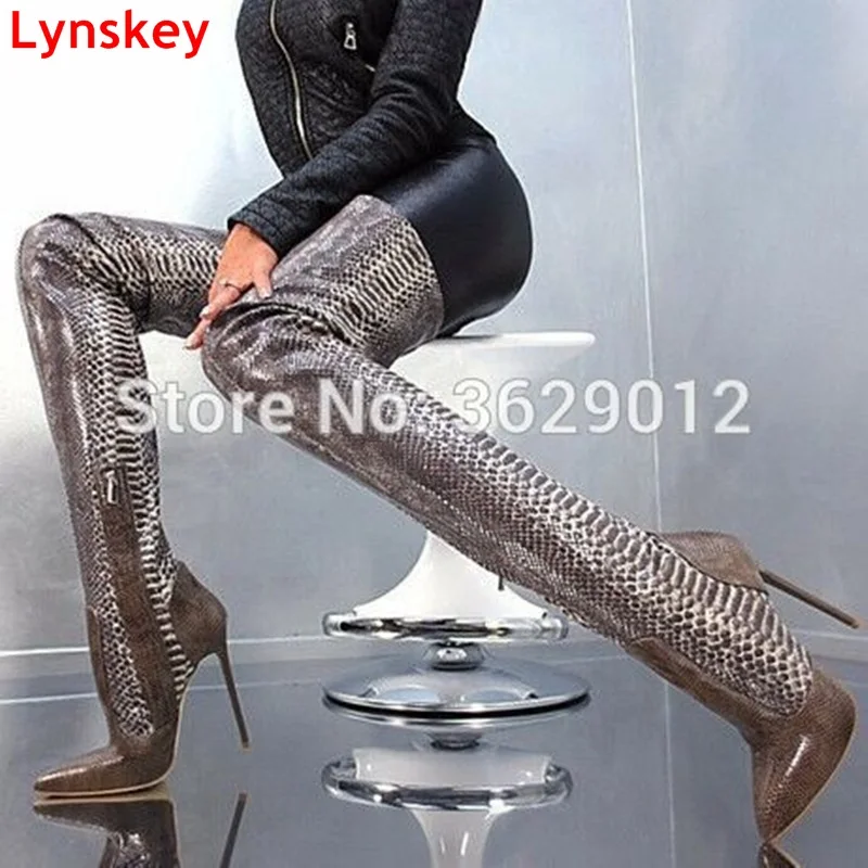 

Lynskey Snakeskin Women Boots New Fashion Pointed Toe High Heels Over The Knee Boots Sexy Lady Thigh High Long Boots