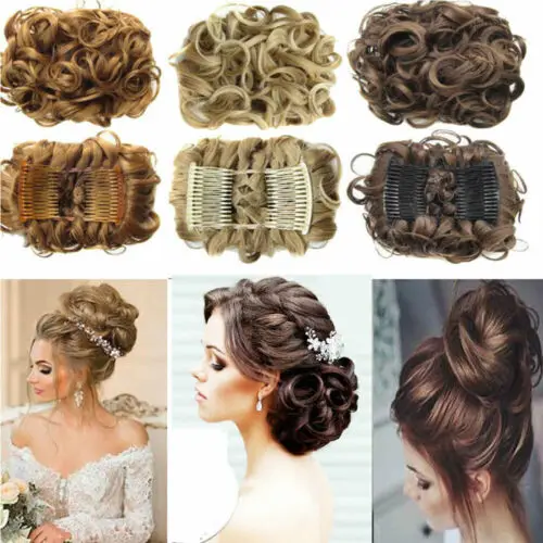 

Womens Wave Curly chignon Comb Clip In On Hair Bun Piece Updo Cover Wedding Hairpiece Extension