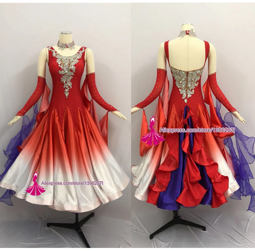 Женское стандартное бальное танцевальное платье для взрослых дизайн красный градиент цвета Вальс Танго Бальные соревнования танцевальные платья