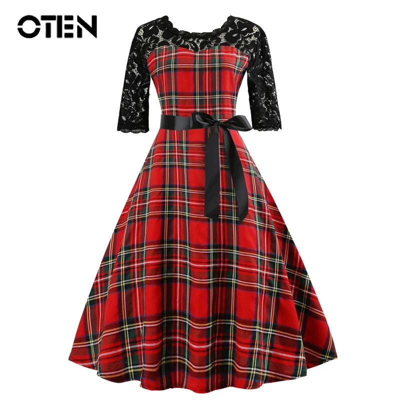 

OTEN Tartan Clothing Women Half Sleeve Lace Patchwork Red Plaid gingham Vintage Rockabilly pin up Skater Knee Length Party dress