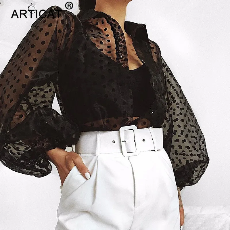 Articat, черная женская шифоновая блузка в горошек, рубашка, сексуальная, прозрачная, сетчатая, с пышными рукавами, летние топы, белая женская блуза