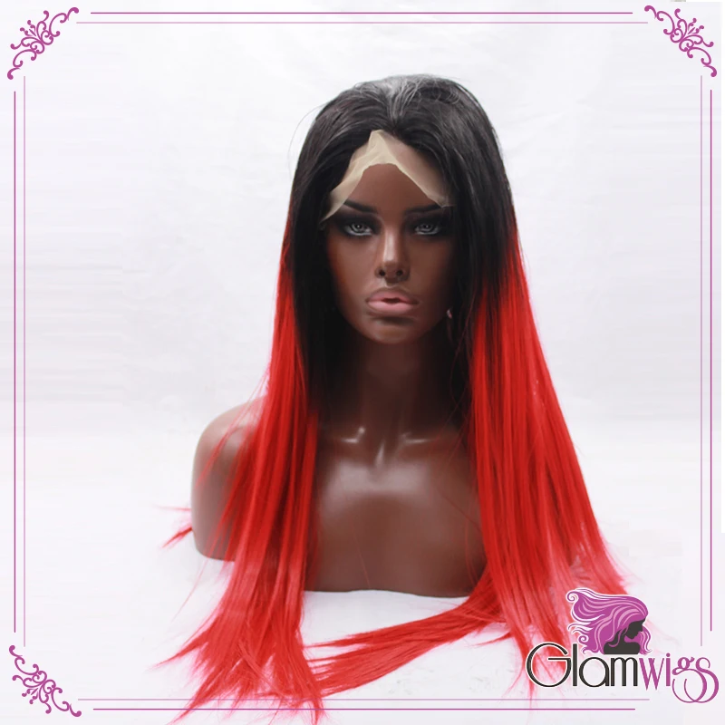 

Cheap Heat Resistant Hair Ombre Black To Red  Two Tone Color Straight Synthetic Lace Front Wigs Glueless Hair Wigs