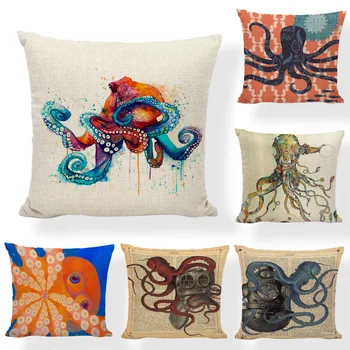 

Vintage Colorful Ocean Series Cushion Cover Cute Octopus 45x45cm Newspaper Home Living Room Decor Linen Print Throw Pillowcase
