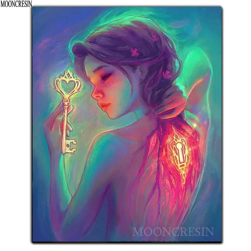 

Diy Diamond Painting Cross Stitch Girl Holding Magic Key Needlework 3D Diamond Embroidery Full Round Mosaic Decoration Resin Kit
