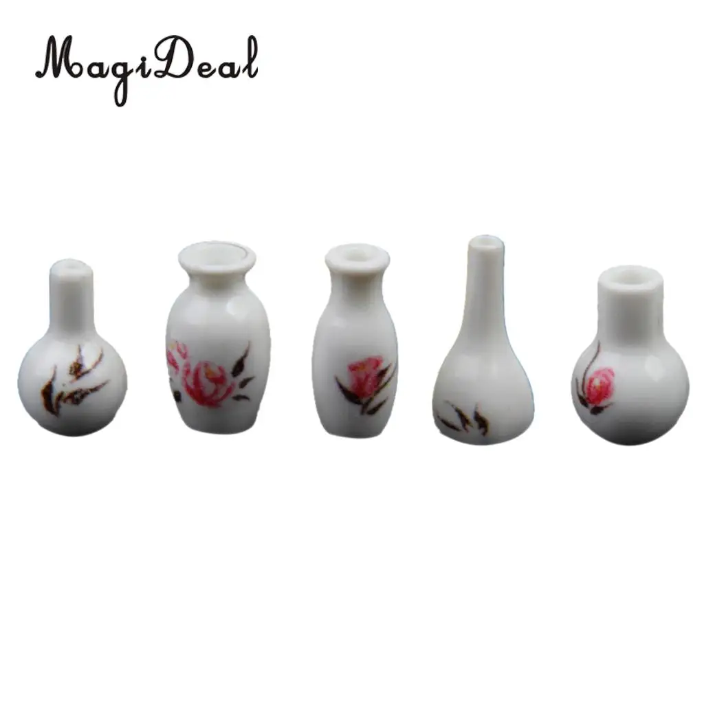 MagiDeal 1/12 Scale Dollhouse Miniature White ABS plastic Vase Jars with Floral Printed for Kitchen Furniture Pretend Play Toys