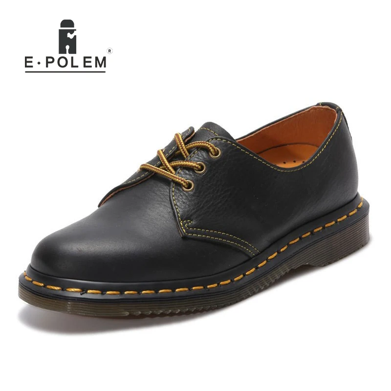 

Men Fashion Casual Basic Flats Boots Black Genuine Leather Lace Up Spring Autumn Unisex Lovers Leisure Shoes