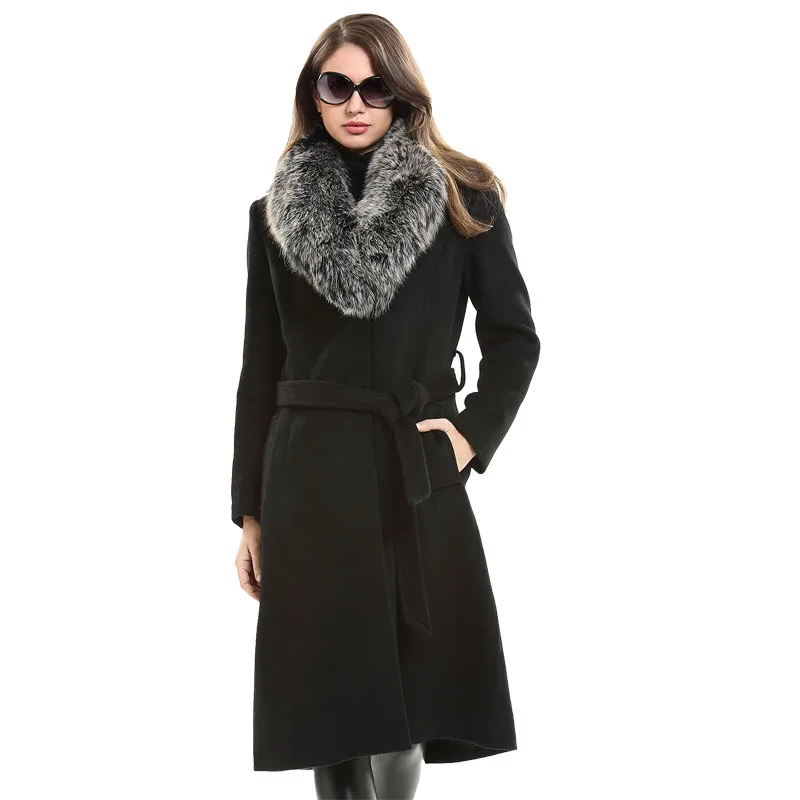 Escalier Женский Тренч длинное шерстяное высококлассное пальто с воротником из лисьего меха