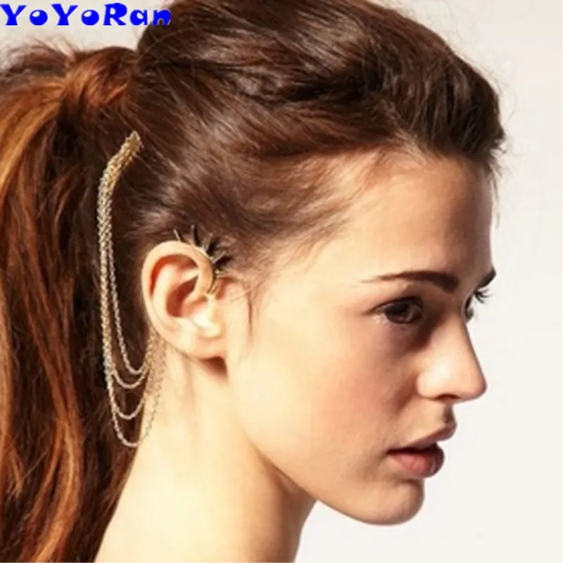

YOYORan 1pc gold rivet ear cuff clip earring tassel chain hair tuck comb for woman punk Gothic nail chain ear hang hook jewelry