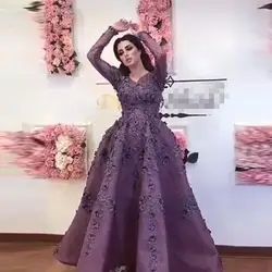 Саудовская Арабский фиолетовый 3D цветок вечерние платья с Длинные рукава Кружева цветочные Выпускной ботильоны Длина Платье для вечеринки