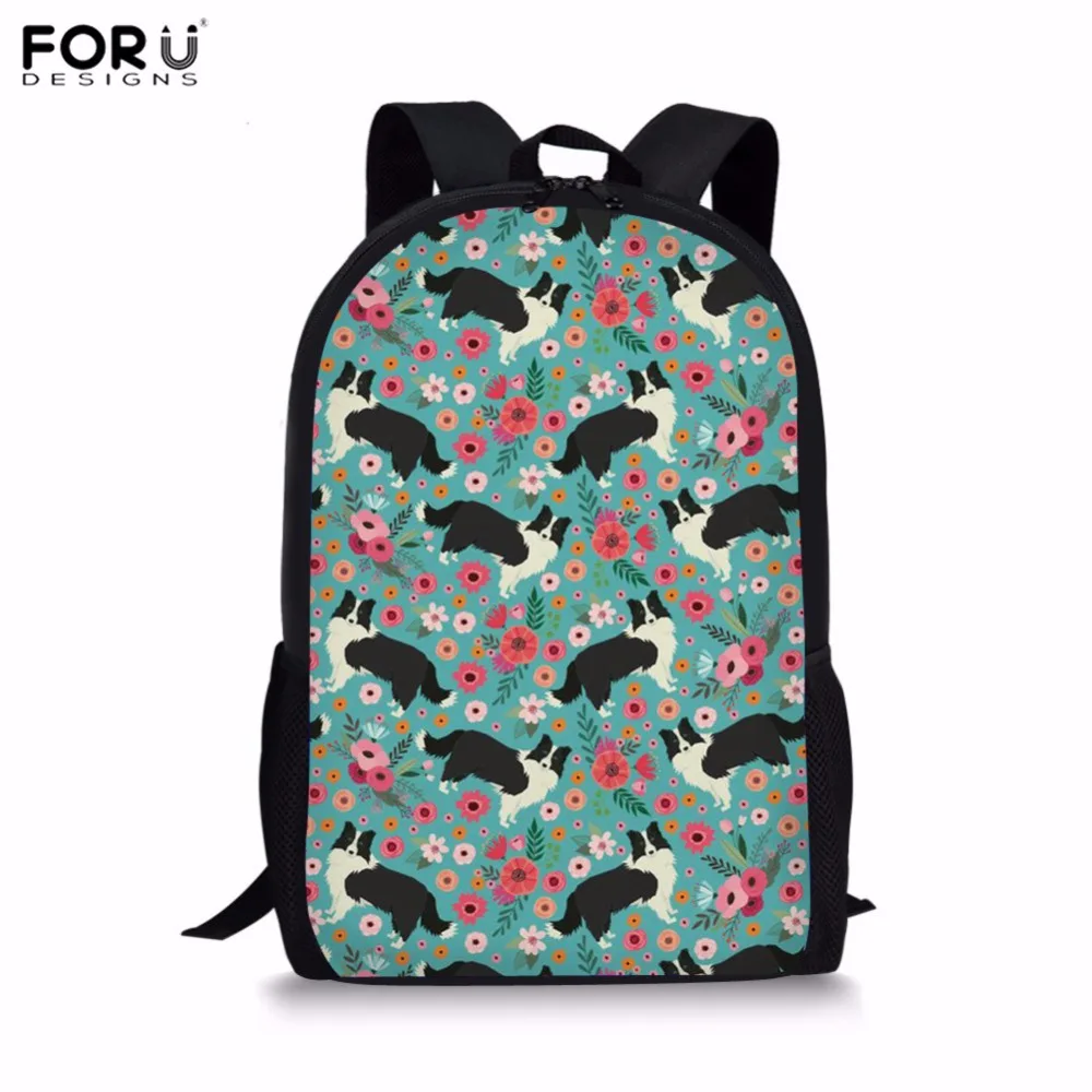 

FORUDESIGNS School Backpack for Girls Border Collie Flower Print Kids School Bag Teenager Girls Mochila Studnet Primary Book Bag