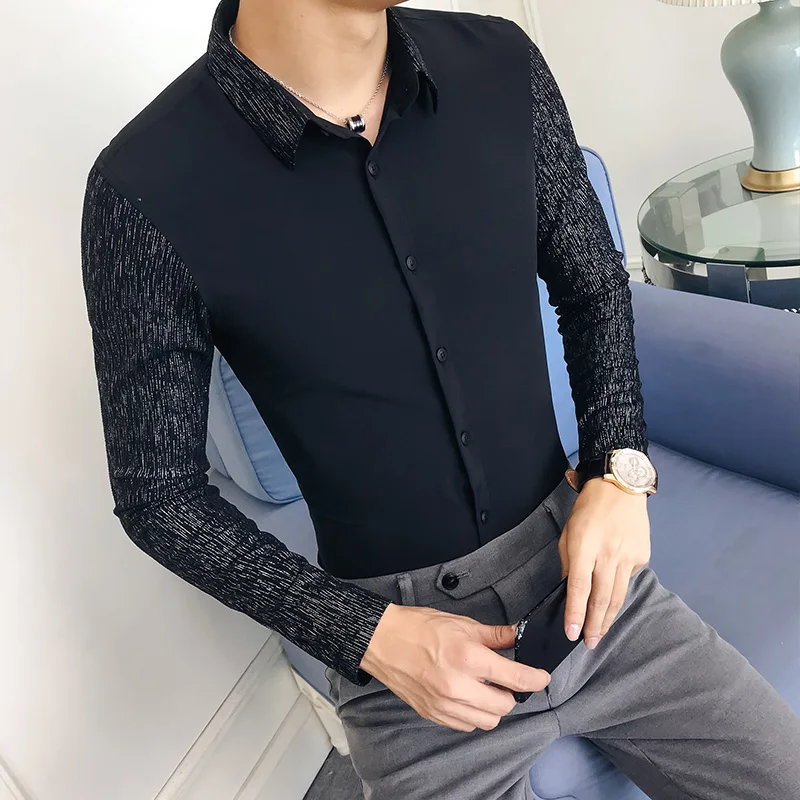 Высококачественная однотонная мужская рубашка, простая повседневная деловая рубашка, Мужская официальная одежда, блестящая Мужская рубашка с длинным рукавом в стиле пэчворк