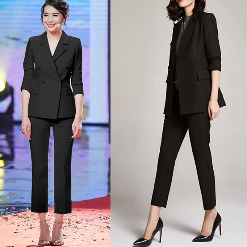 Women's suit jacket fashion solid color Slim professional double-breasted suit ladies jacket casual trousers two-piece