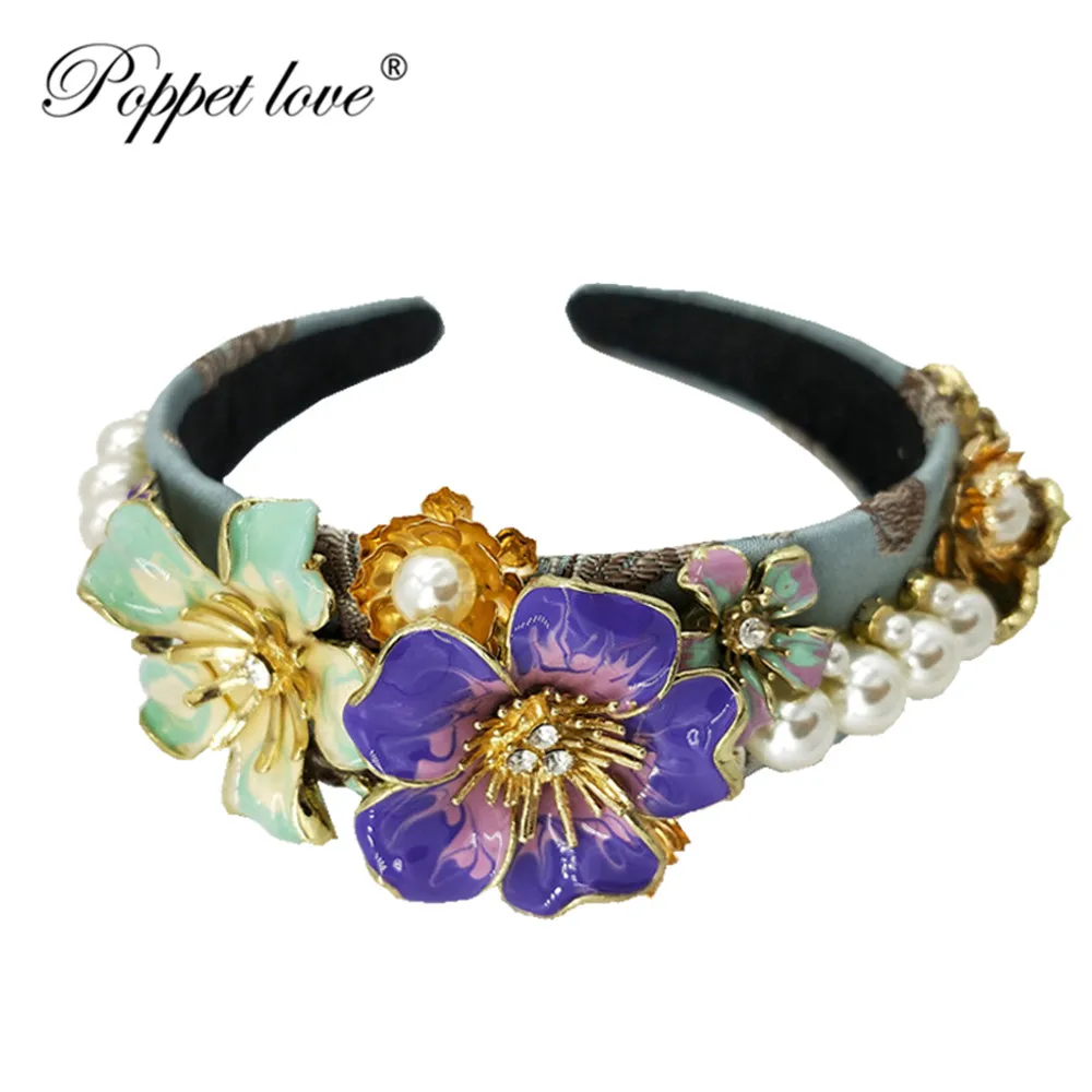 

Big Queen Princess Crown Diadem blue pink big flower Gold Headdress Head pearl Tiara Bridal Wedding Hair Jewelry Accessorie