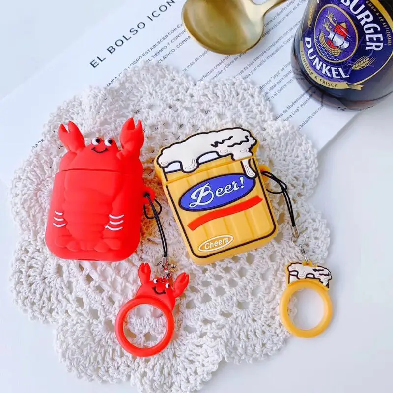 Fashion Beer Lobster Pattern Soft Silicone Protective Cover Shockproof Case Skin Shell With Lanyard for Airpods 1/2 Charging Box