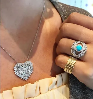 Gold silver 2 colors 41+5cm baguette firework cz sparking bling Heart pendant necklace for girlfriend