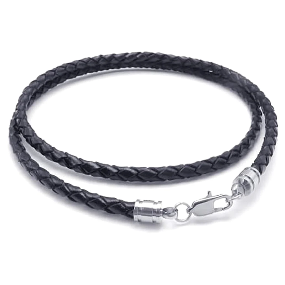 Ювелирное мужское ожерелье-шнур 3 мм-кожа-нержавеющая сталь-для мужчин-цвет черный серебристый-с подарочной сумкой