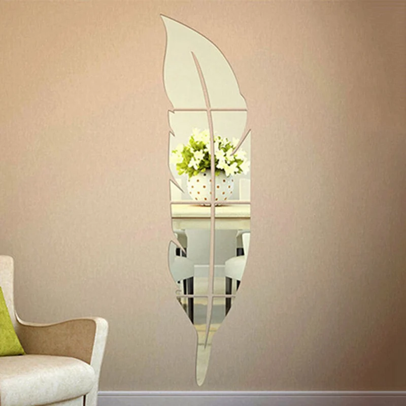 DIY Modern Plume Feather Acrylic Mirror Wall Stickers Room Mural Decoration Color : Silver Right