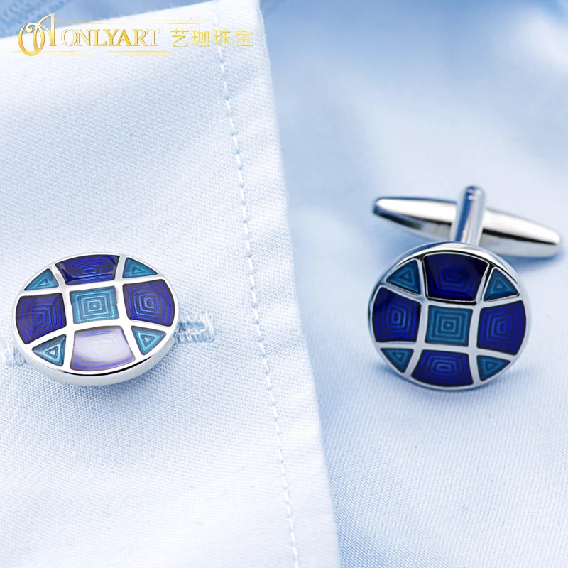 

striped blue cufflink enamel round cufflink for men shirt stud decorating cufflinks silver color OnlyArt jewellery
