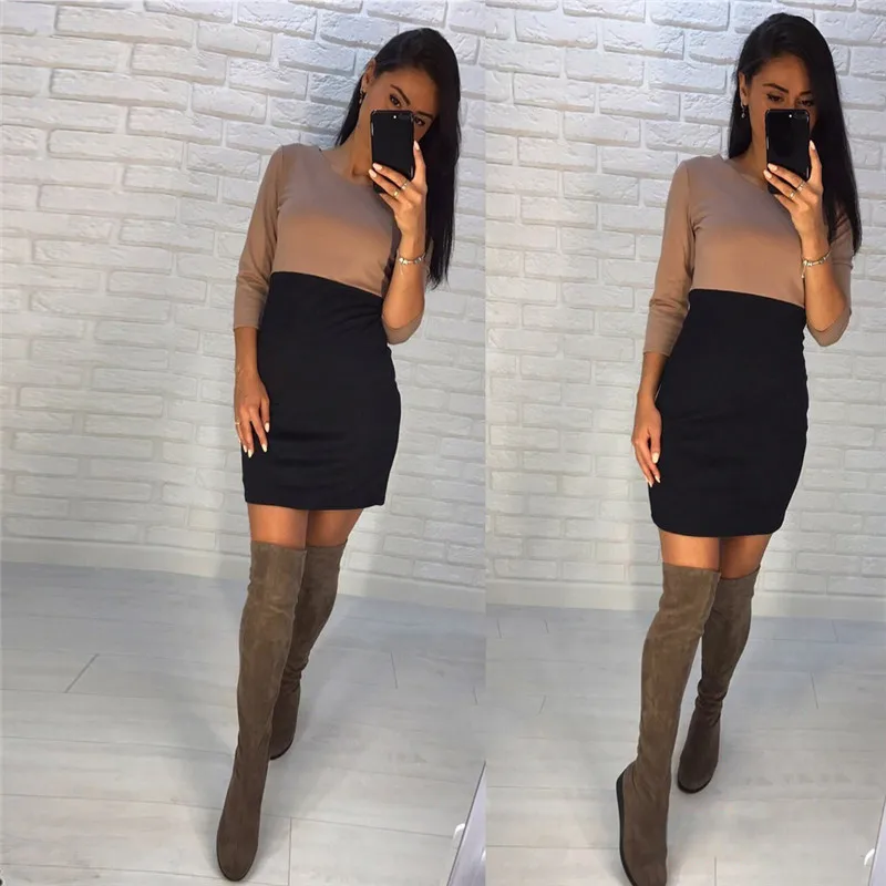 Women Color Block Dress Casual O Neck Bodycon Dress Contrast Color Stitching Seven-Point Sleeves Slim Slimming Casual Dress