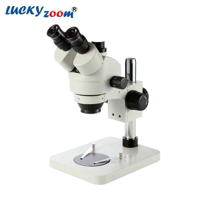 Upgraded 7X-45X Simul Focal Trinocular Microscope Silver Continuous Zoom Stereo Microscope 76MM Arm Rectangle Base Microscopio