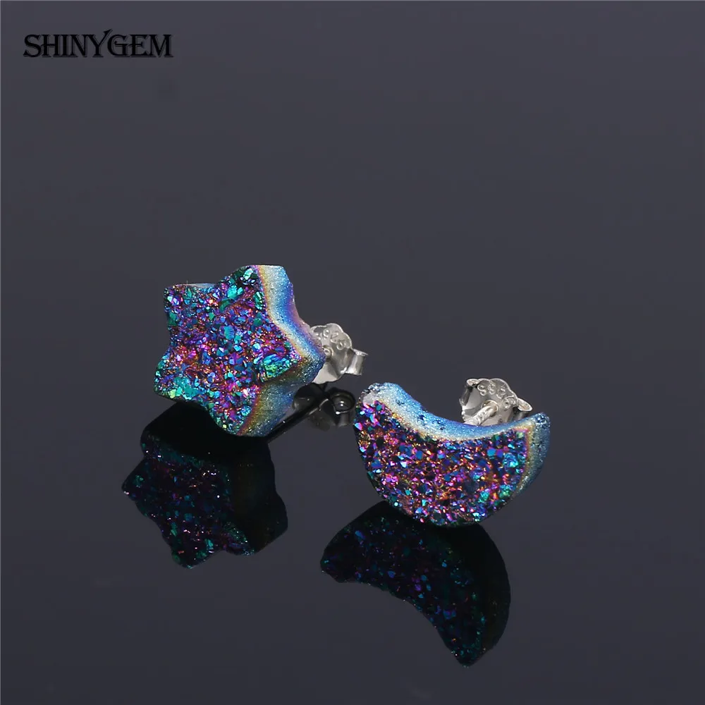 ShinyGem милые серьги с Луной и звездой из натурального камня милые 925 пробы серебряные серьги-гвоздики радужные друзы вечерние серьги для женщин