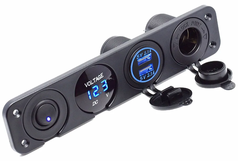 Dual 2.1A&2.1A USB Socket Charger LED Voltmeter 12V Power Outlet ON OFF