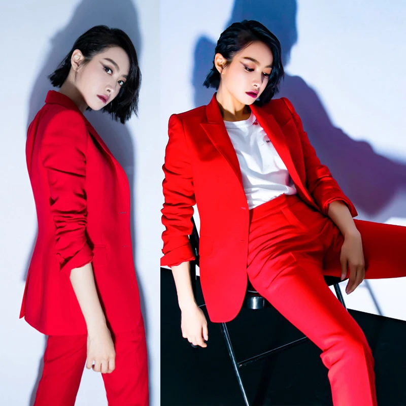 Women's Office Lady Two Pieces Sets Solid Red Elegant Single Breasted Turn-down Collar Blazers And Full Length Trousers