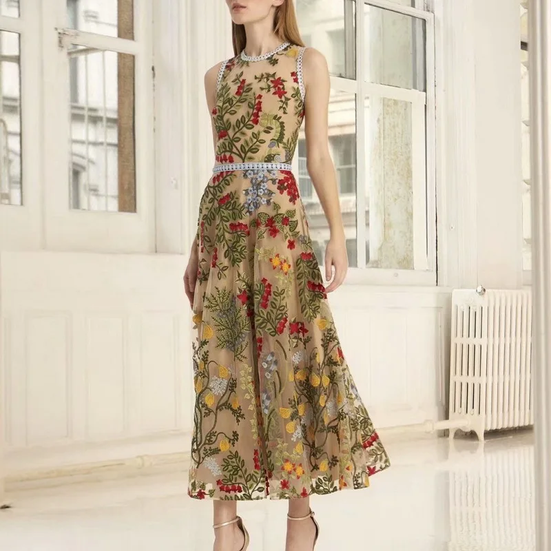 

European American Eleagnt Runway Stylish Women Sleeveless Luxury Mesh Vintage Dress Flower Embroidery Summer Long Dresses