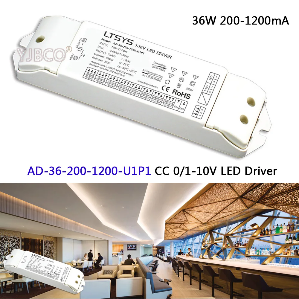 

LTECH 0/1-10V led dimming driver;AD-36-200-1200-U1P1;AC100-277V input; 10-54VDC output 36W 200-1200mA CC 0/1-10V LED Driver