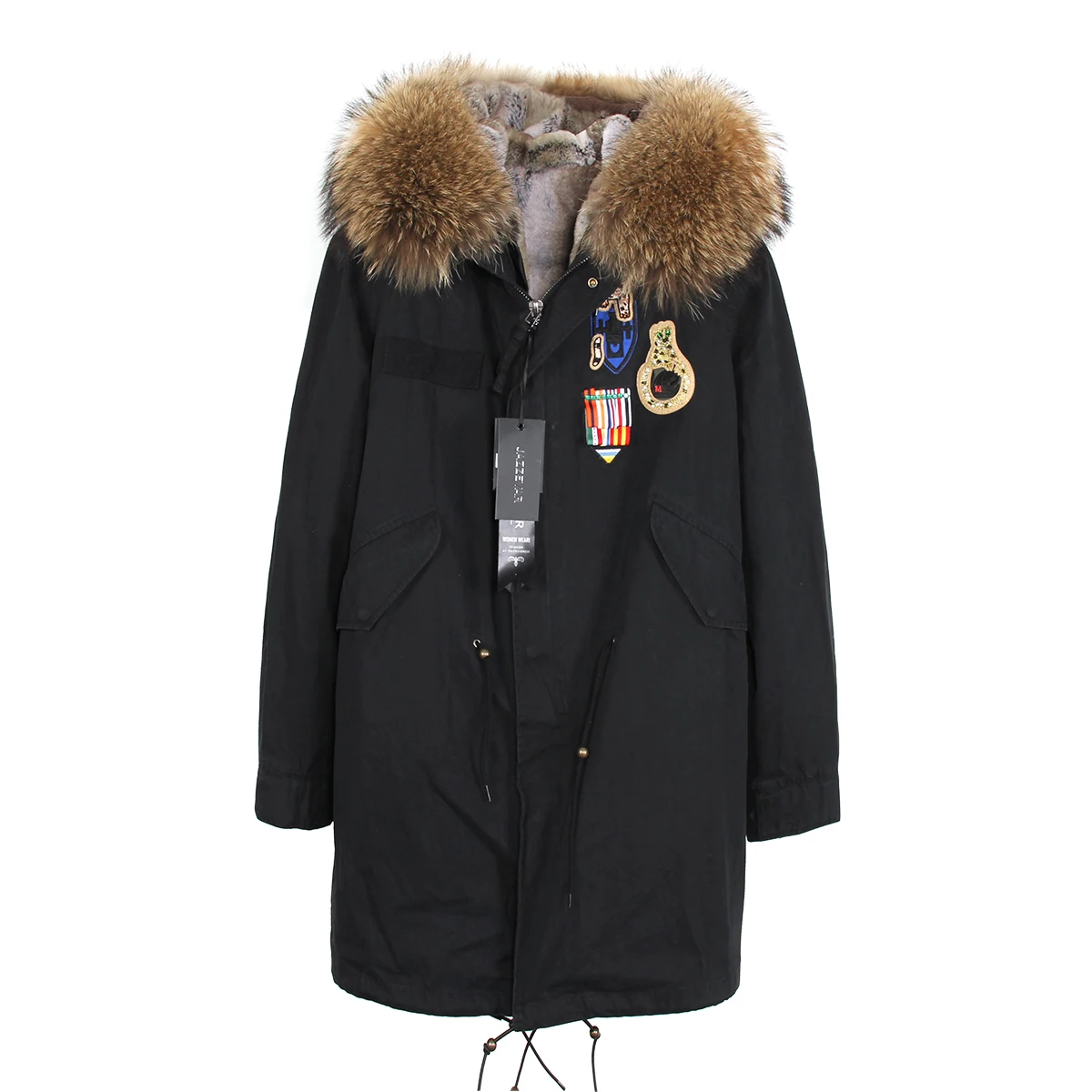 JAZZEVAR Новинкий модные куртка зимняя женская большой енота меховой воротник парка миди пальто с капюшоном верхняя одежда бисер военная