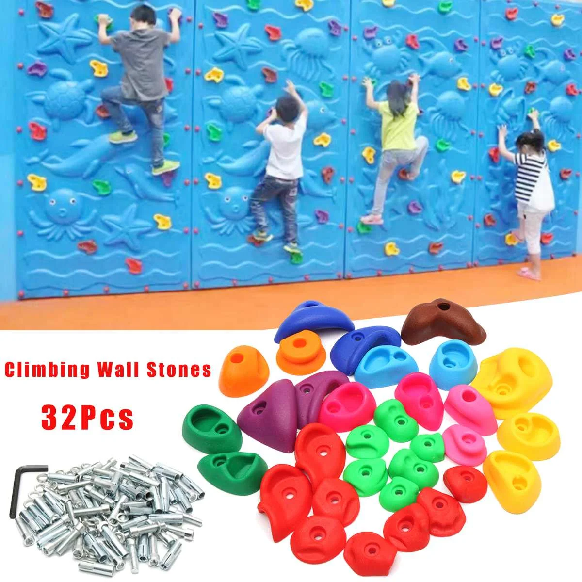 

32 PCS Climbing Frame Kids Rock Climbing Wall Stones Hand Feet Holds Grip Hardware Kits Chidren Outdoor Climbing Accessories
