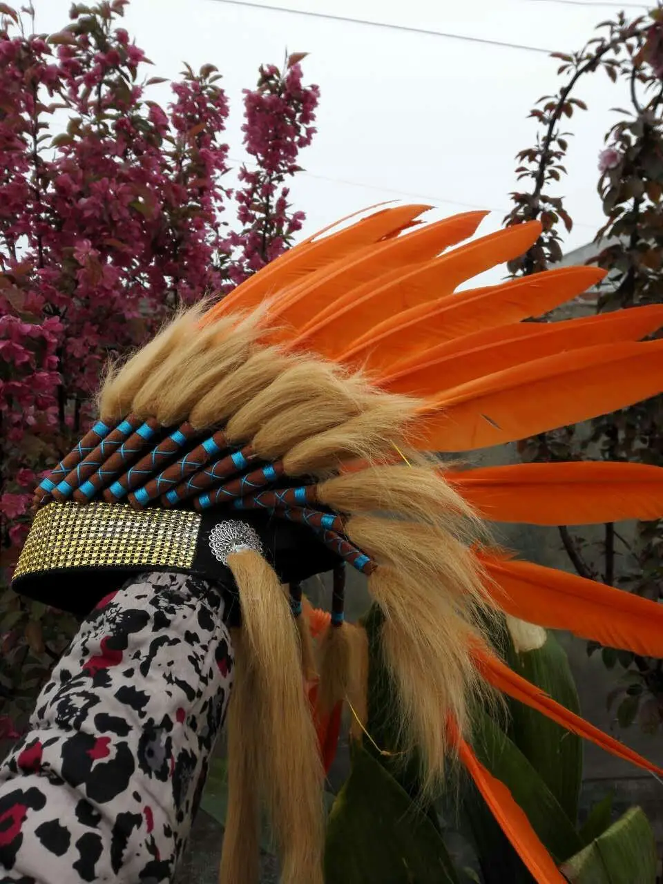 

Orange Indian feather headdress with gold headband indian war bonnet american costumes halloween costumes supply decor