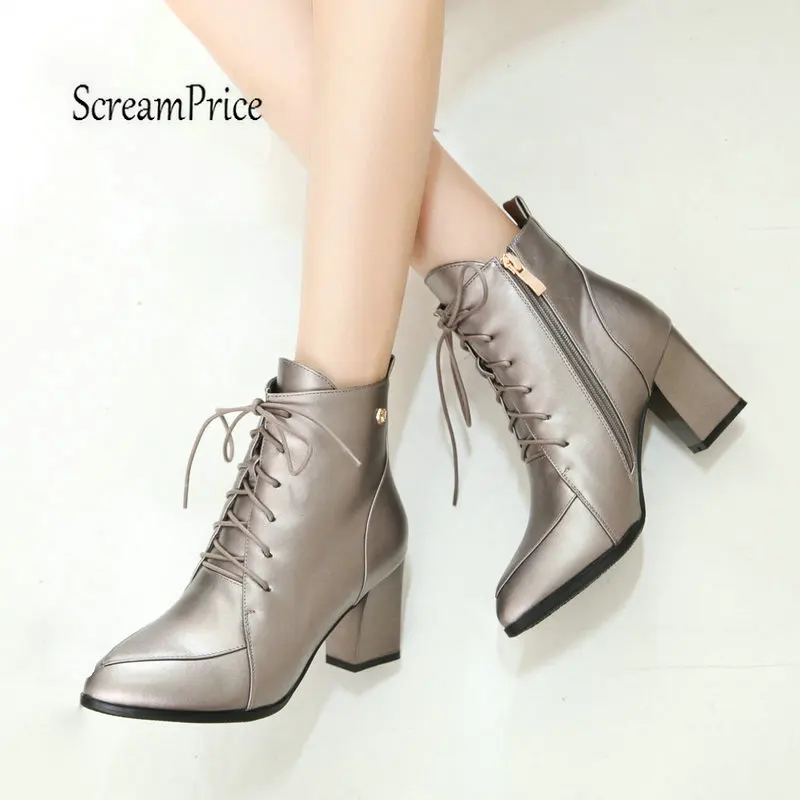 

Women Chunky High Heel Ankle Boots Zip Lace Up Pointed Toe Fashion Laides Boots Pointed Toe Woman Martin Boots Red Black Silver