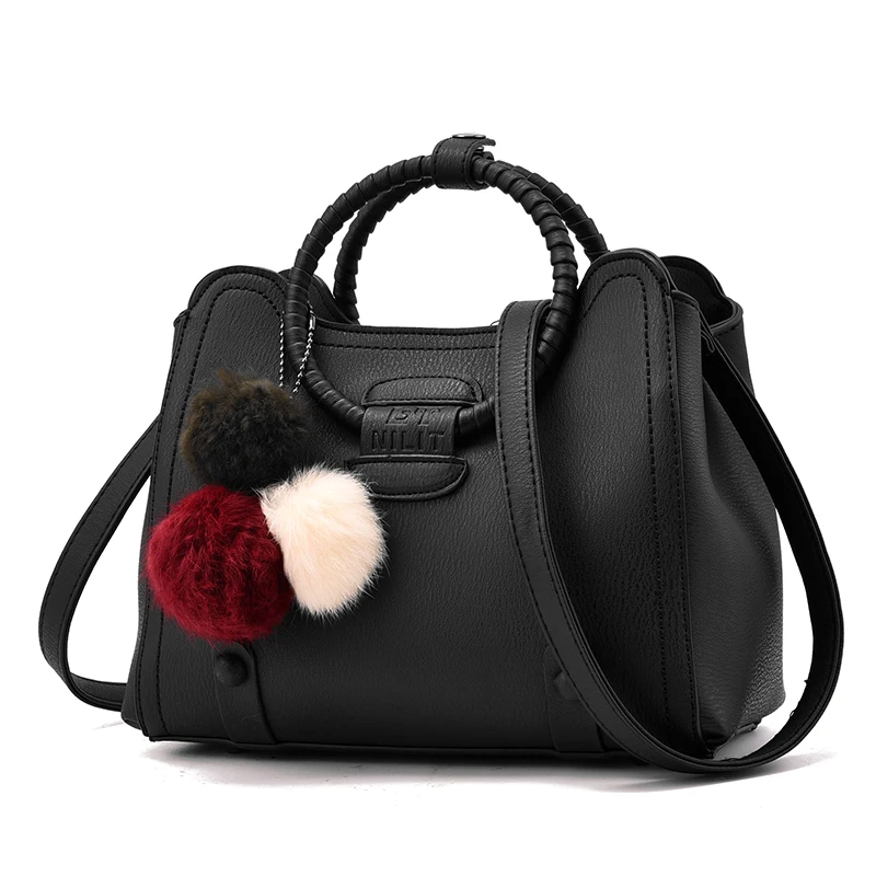 

2017 Women Handbag Ladies Party Shoulder Bags Fashion Black Leather Top-Handle Women Crossbody Bag saffiano knitting handle ball