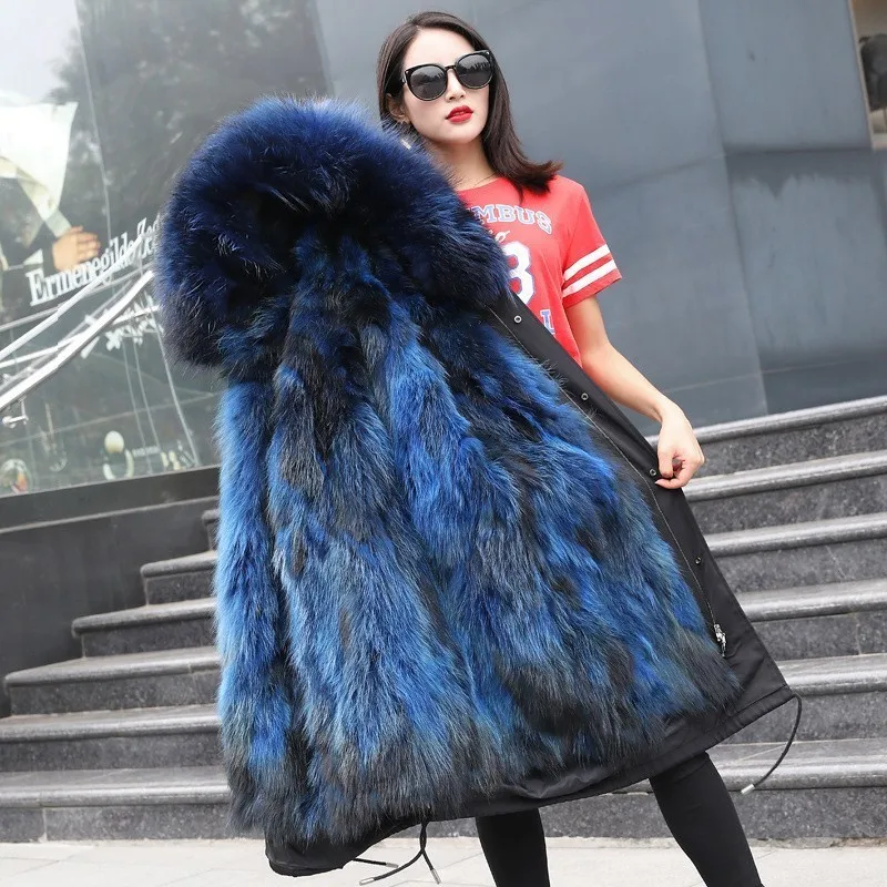 Пальто, женская зимняя куртка, Женское пальто из натурального меха, Воротник из натурального меха норки, свободные длинные парки, уличная одежда, съемная верхняя одежда, ZPC1 - Цвет: Blue Medium length1