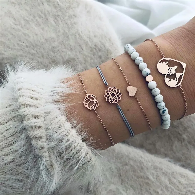 

Ahmed 5 Pcs/set Bohemian Vintage Bangle Heart Lotus Map Beaded Bracelet Set Women Fashion Party Wedding Jewelry Accessories