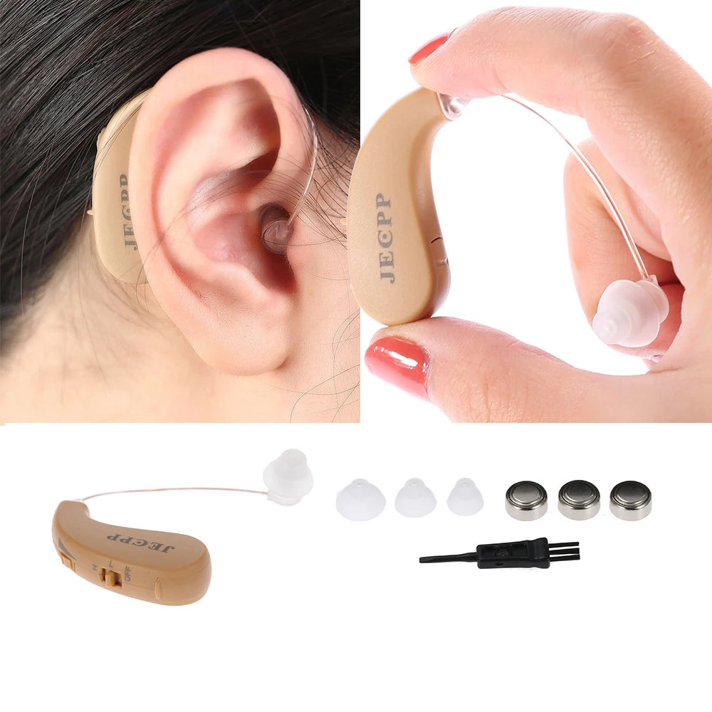 

Mini Behind Ear care High-Low Tone Sound Amplifier Hearing Aid UV Anti Bacteria Box Kit Cleaning Brush Earplugs Button Batteries