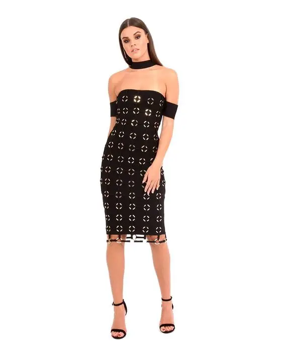 Sexy Solid Rayon Bandage Off The Shoulder New Fashion Sleeveless Diamond Backless Bodycon Halter Zipper Hip Knee Dress