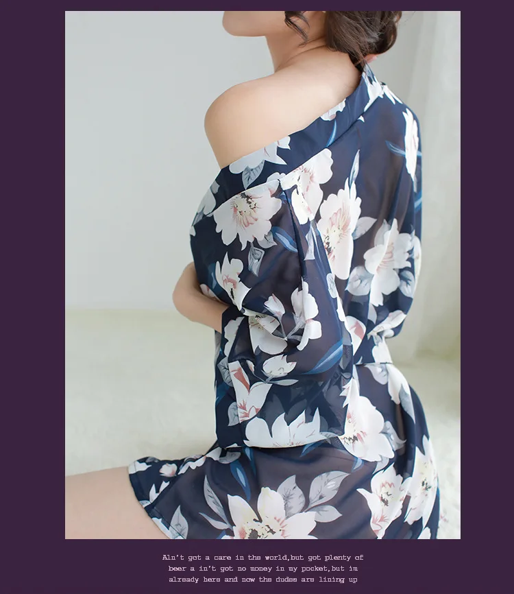 Sexy Chiffon Lingerie Feminina Extrema Tentação Grande Tamanho Pijamas Transparente Impressão Robe Roupão Conjunto Azul 10 Cheap Cápsulas de dormir