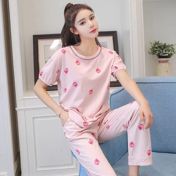 

Women 100% Cotton Pajamas Set Short Sleeves T-Shirt+Pants Strawberry Print Pijama Pyjamas Suit Sleepwear Nightwear Homewear xxl