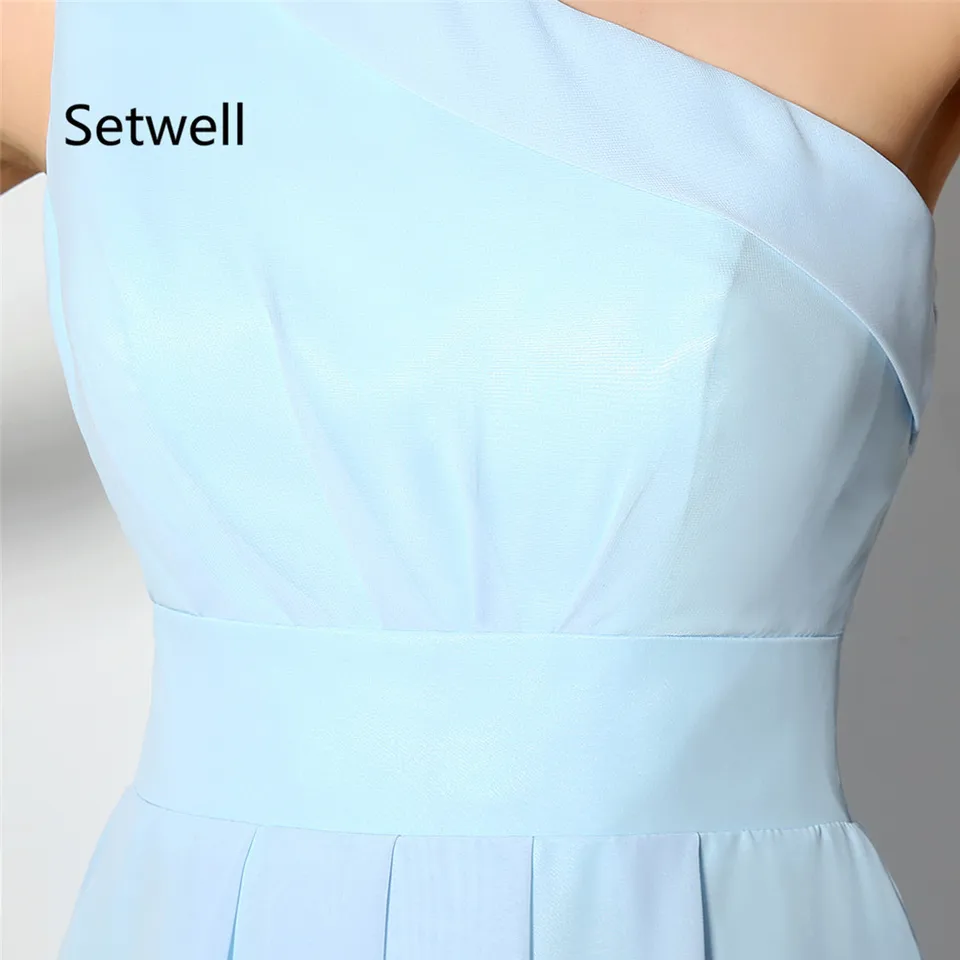 US $14.14 Setwell Simple Light Blue Bridesmaid Dress Summer Chiffon Beach Wedding Gowns One Shoulder Knee Length Short Bridesmaid Dressshort