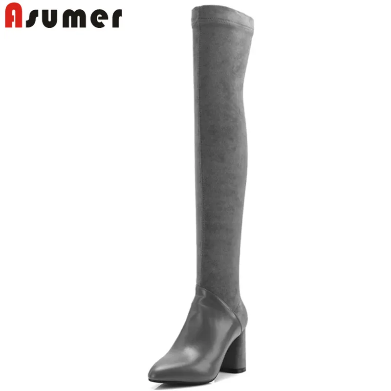 

ASUMER 2018 fashion over the knee boots pointed toe zip stretch fabric+cow leather boots thick high heels boots big size 33-42