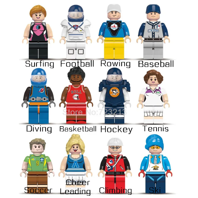 12 قطع الرياضة رياضي مجموعة تصفح كرة القدم التجديف البيسبول الغوص هوكي تنس تزلج لاعب نموذج بناء كتل مجموعات الطوب اللعب