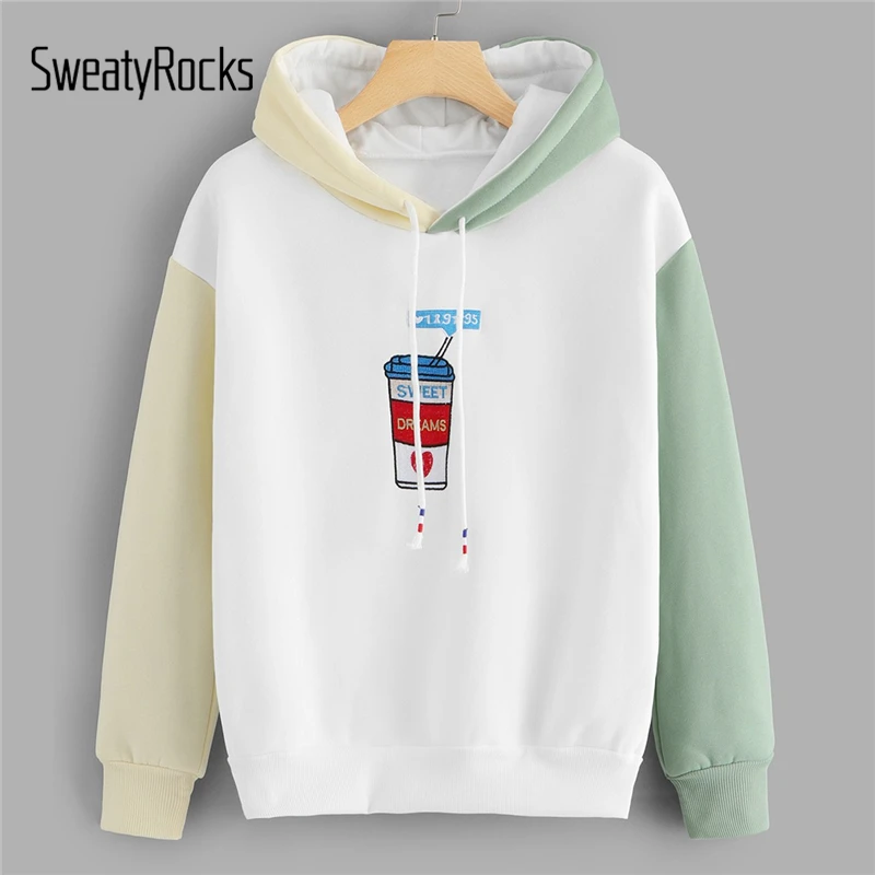  SweatyRocks Colorblock Graphic Embroidered Contrast Sleeve Hoodie Long Sleeve Casual Pullovers Hood